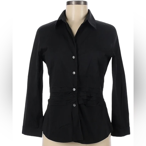 THEORY Shirt Ruched Waist Button down Long Sleeve Cotton Stretch Blend Black S - Picture 1 of 11